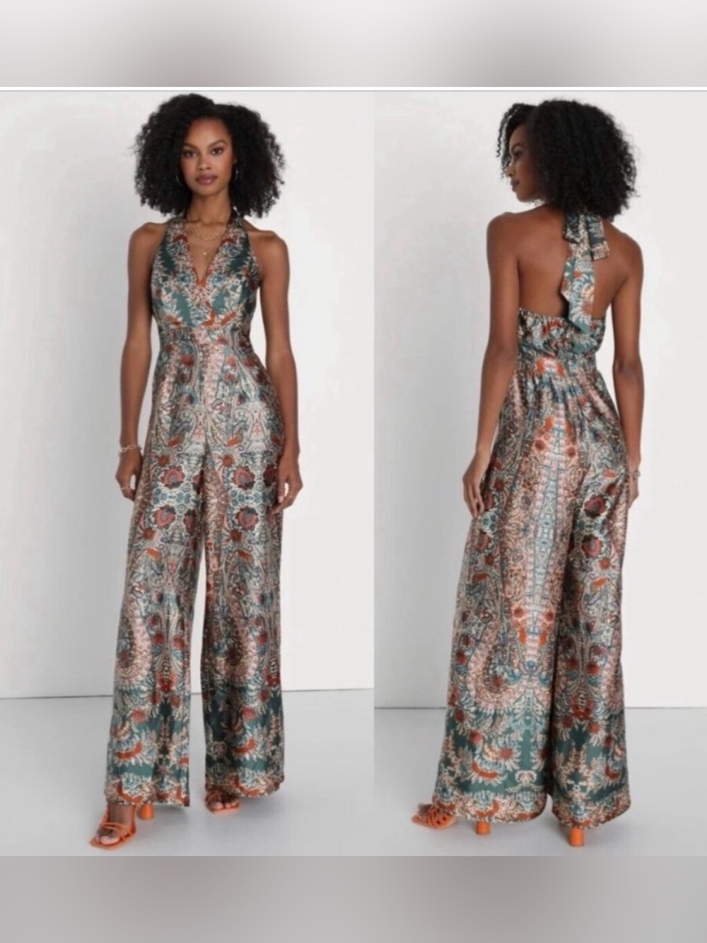 NWT Lulus Divine Wanderings Teal Green Scarf Print Satin Wide Leg Jumpsuit SZ XL